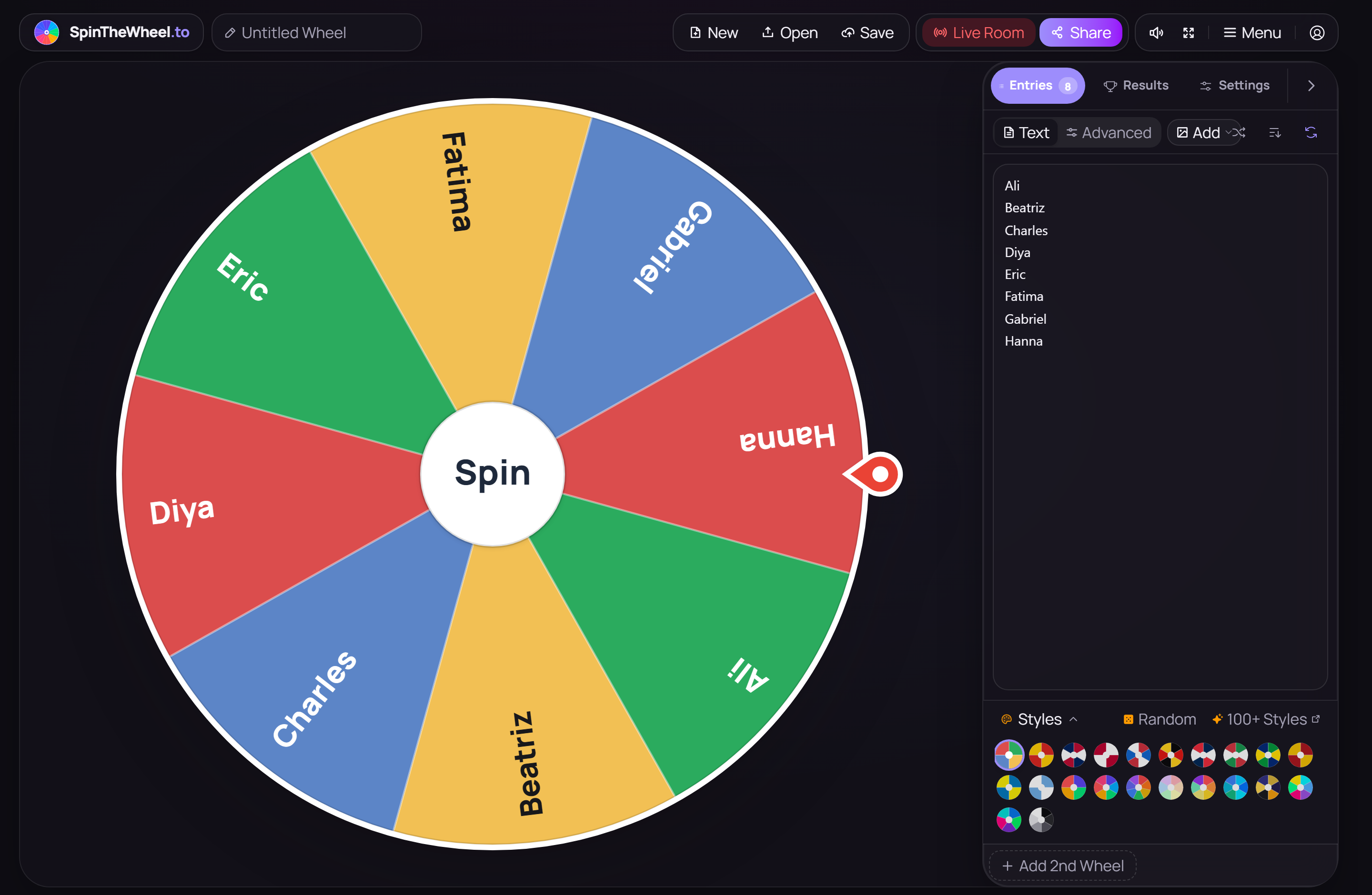 SpinTheWheel.to live studio workspace featuring random wheel and entries list in dark mode